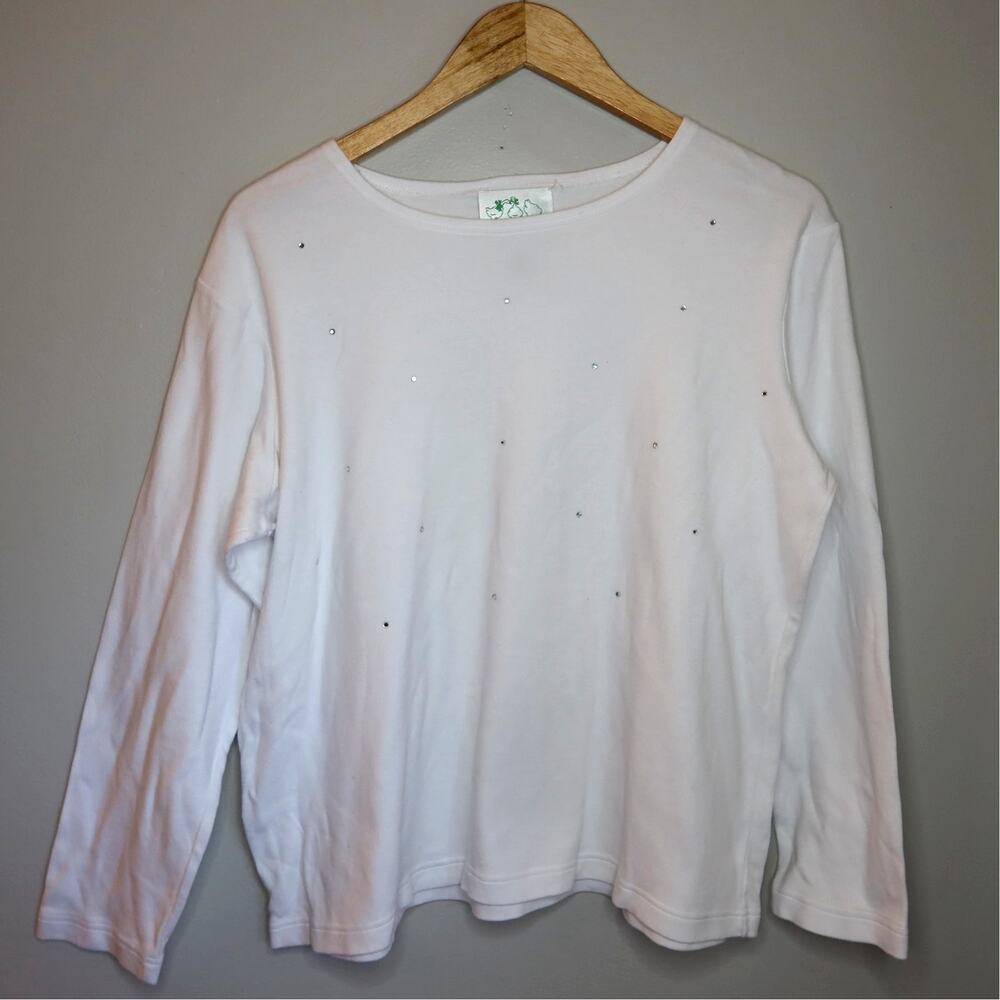Vintage Quacker Factory White Rhinestone Long Sleeve Top Size Medium